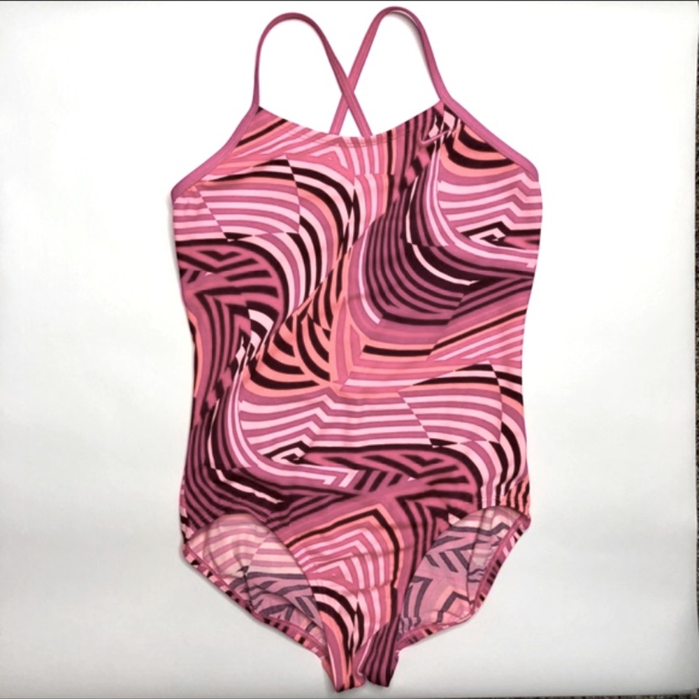 Flawed Nike Swimsuit Girls or Women’s Swirly Geometric Pink One Piece Open Back